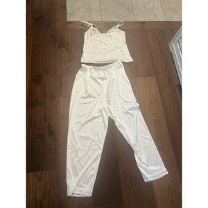 Vintage White Silky Pajama Set Camisole and Lace Trim Pants Sleepwear Loungewear